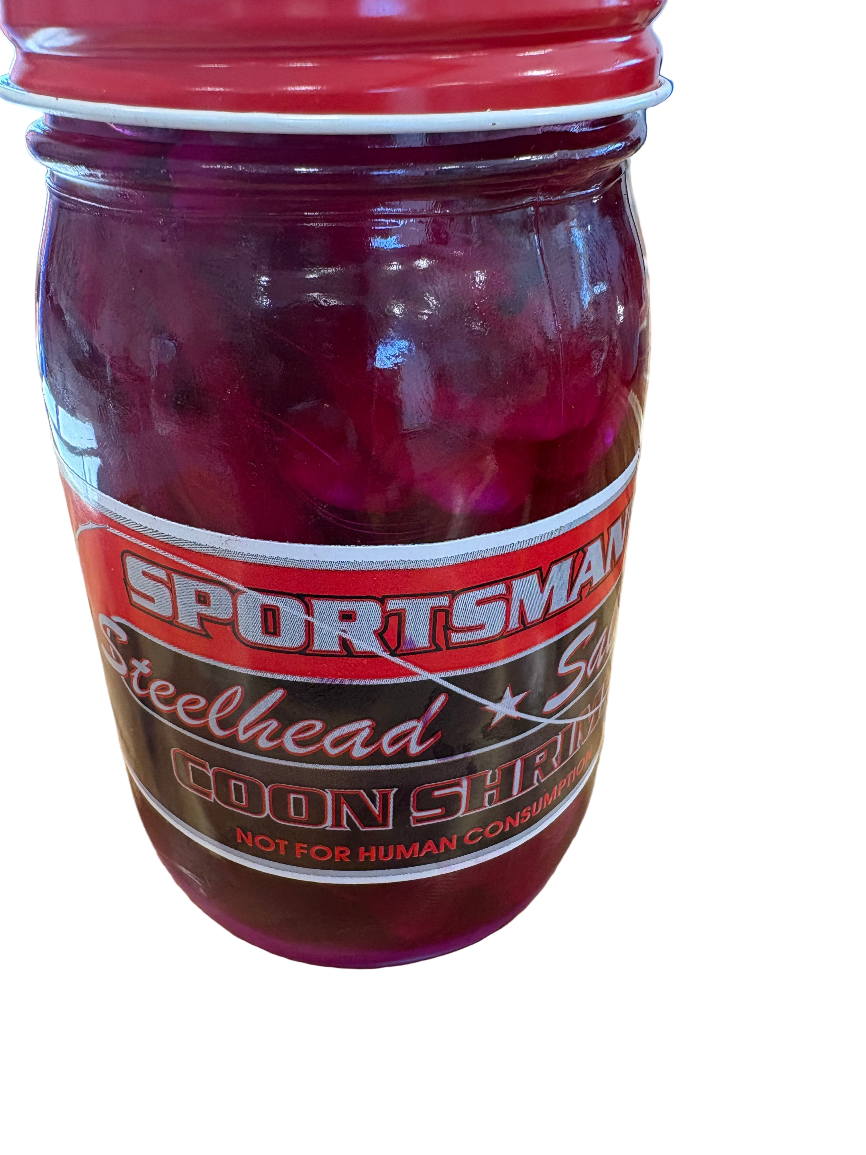 Jar of Sportsman Steelhead & Salmon Coon Shrimp on a wooden surface