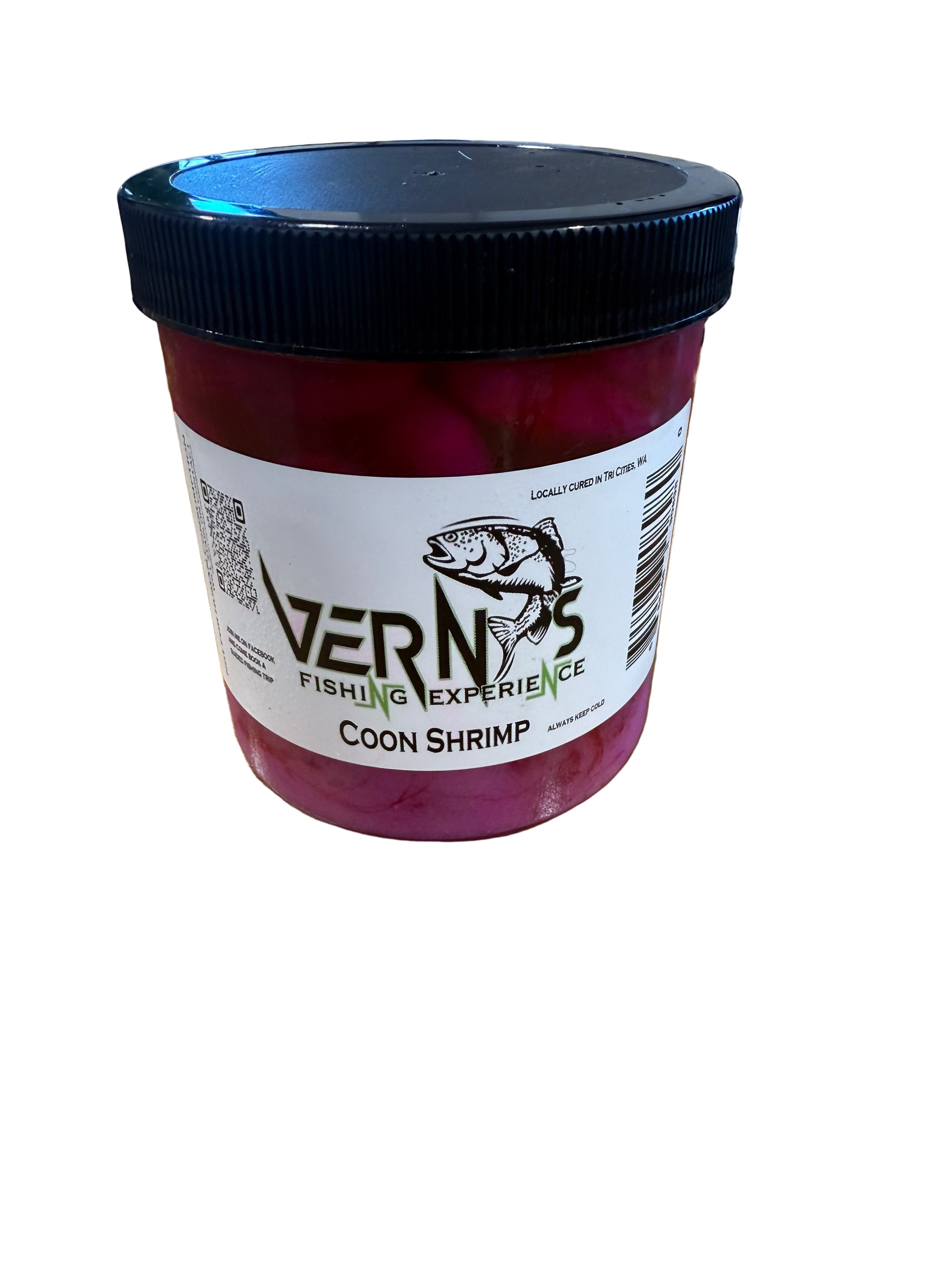 Jar of Vern's Fishing Experience Coon Shrimp on a wooden surface