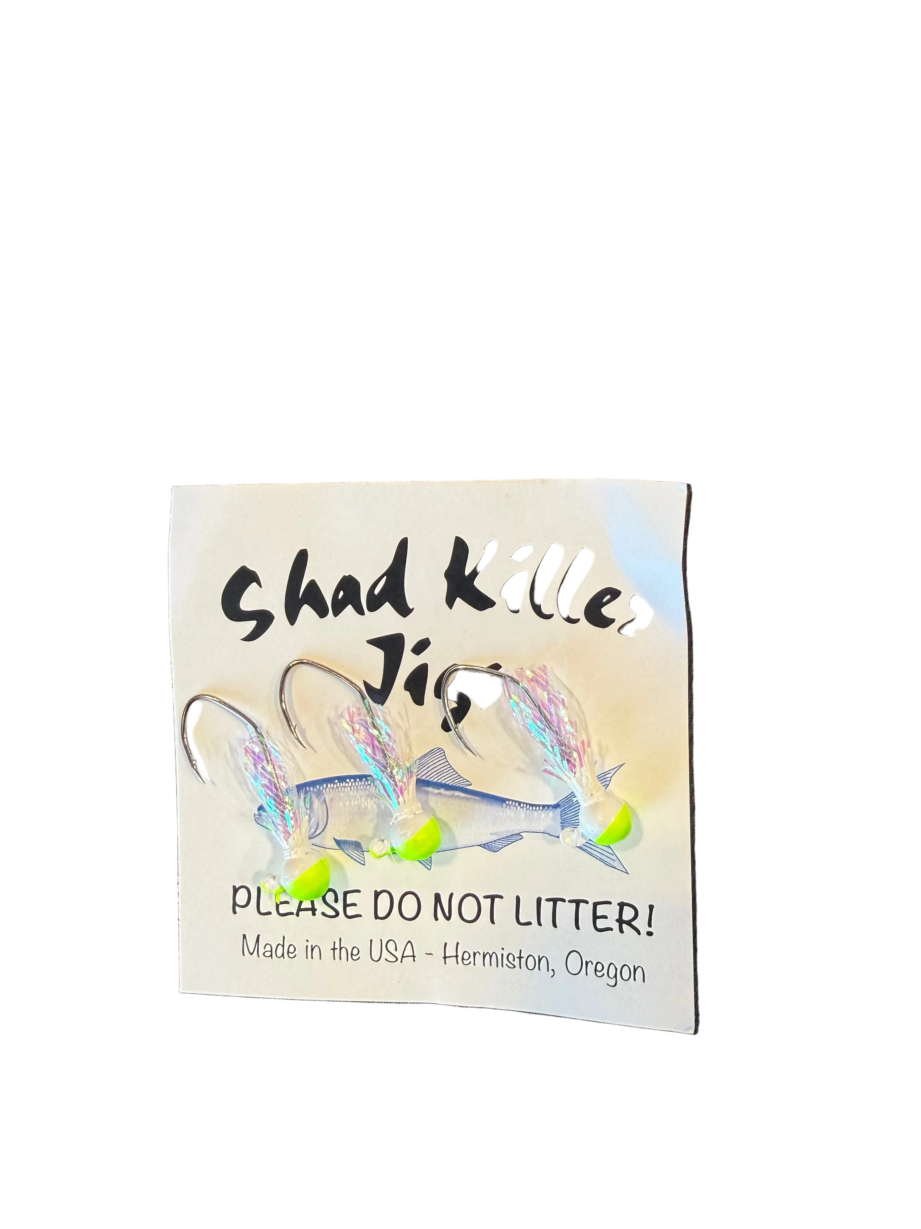 Sticker with 'Shad Killer Jigs' text and a warning on a black background