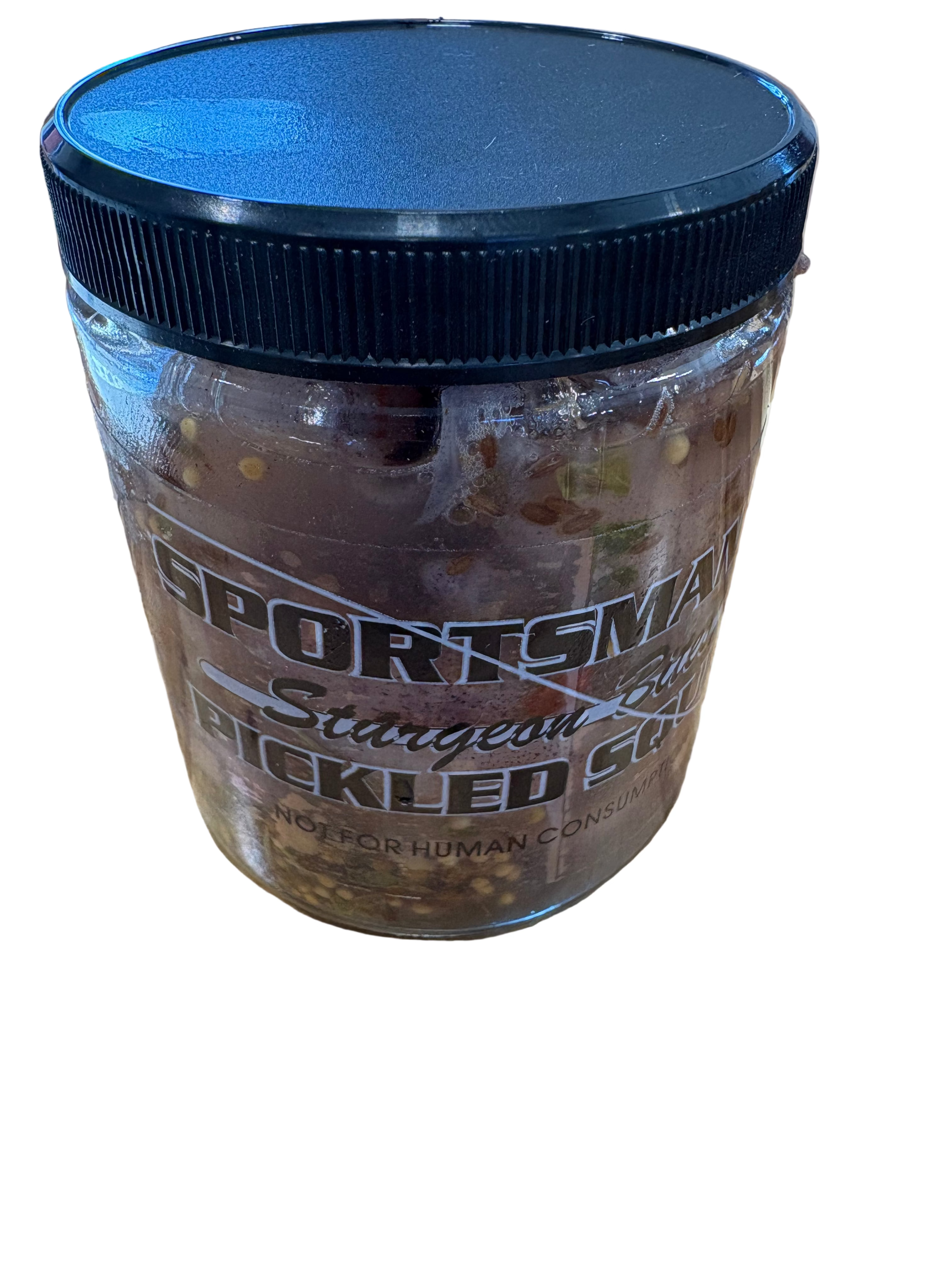 Jar of Sportsman's Choice pickled corn on a wooden surface