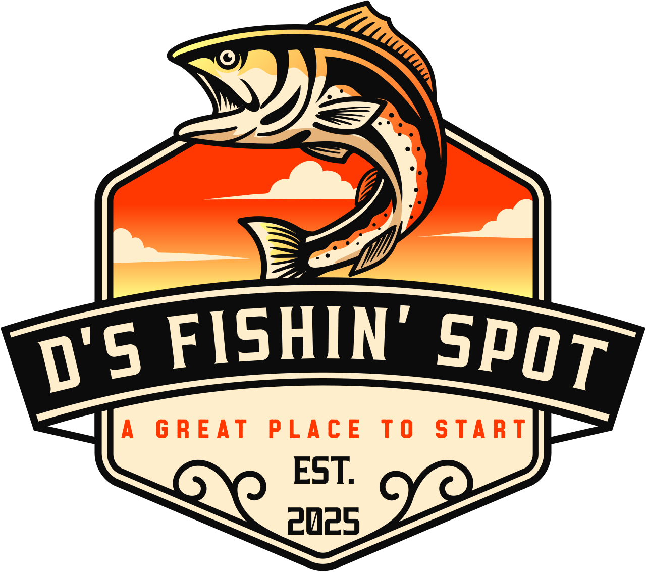 Logo for D's Fishin' Spot with a fish illustration and sunset background.